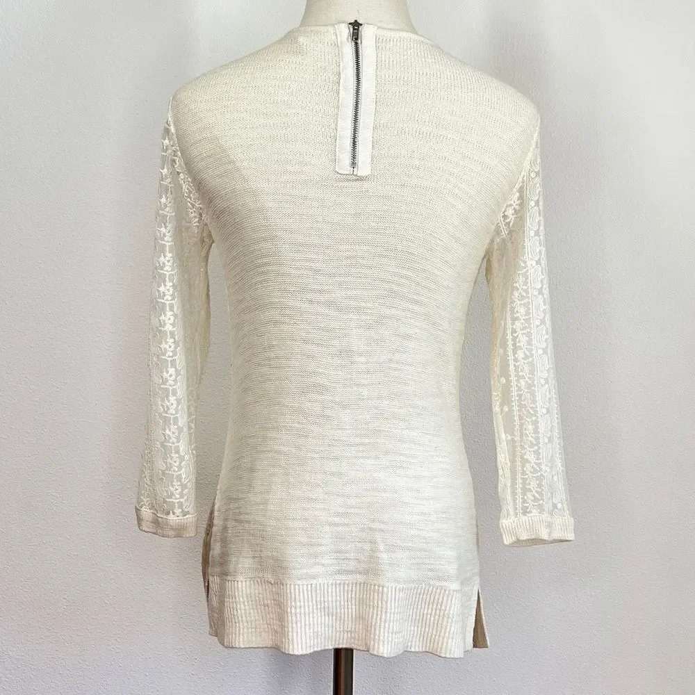 Knitted & Knotted Anthropologie Cream Sweater with Lace Sleeves and Open Knit Si